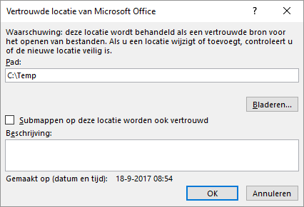 Dialoogvenster Vertrouwde locatie van Microsoft Office