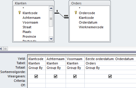 Tabellen en velden voor query Eerste order per klant.
